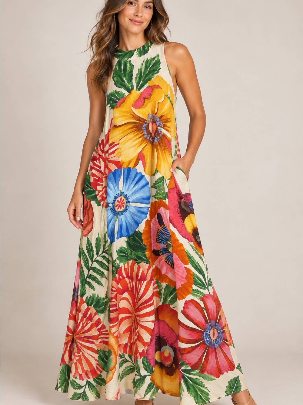 FARM Rio Cream Floral Halter Maxi Dress with Yellow, Blue, Red & Green